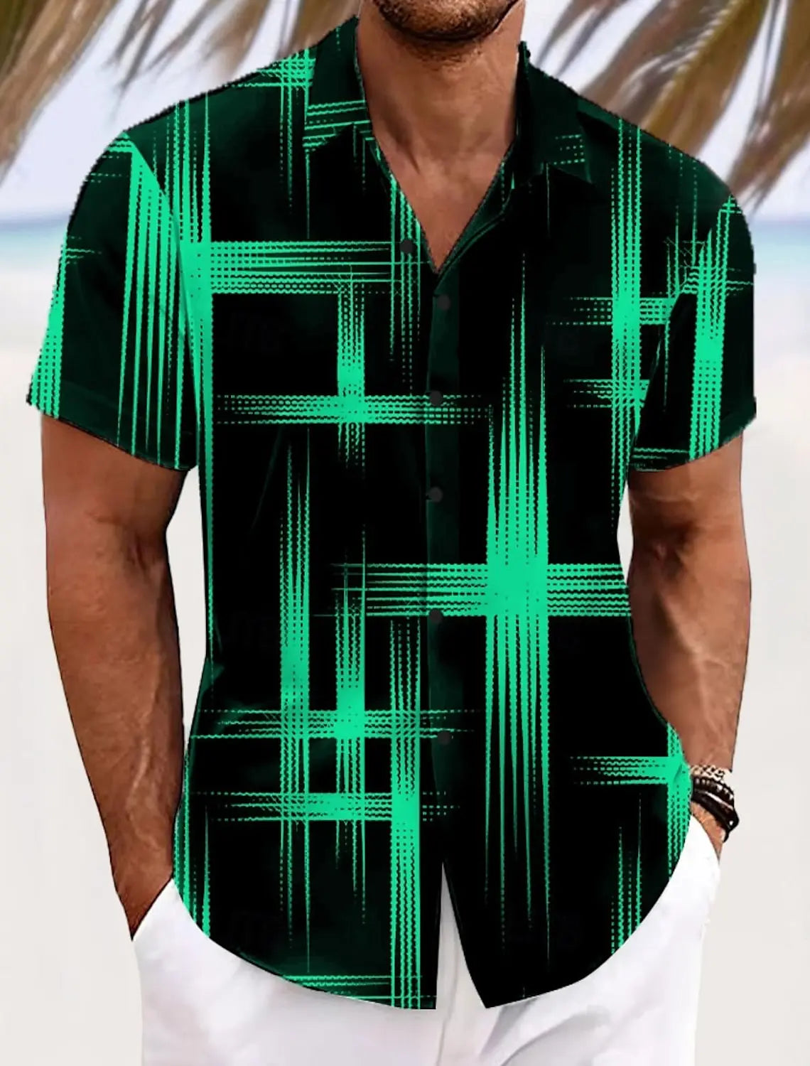 Summer Men's Geometric Grid  Plaid Shirts Short SleeveTurndown Hawaiian Shirt Button Up Shirts No Pockets Shirts
