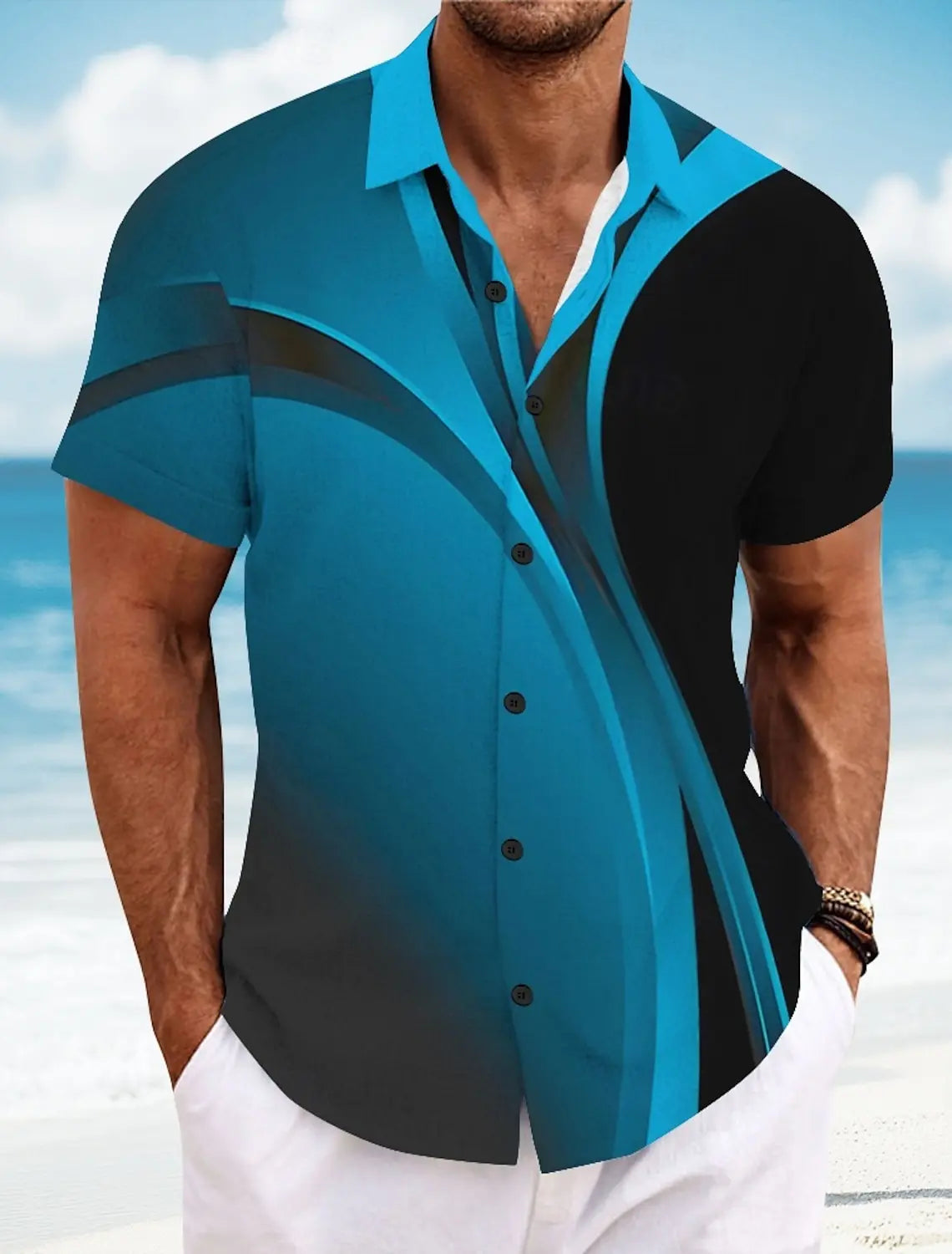Summer Men's Geometric Grid  Plaid Shirts Short SleeveTurndown Hawaiian Shirt Button Up Shirts No Pockets Shirts
