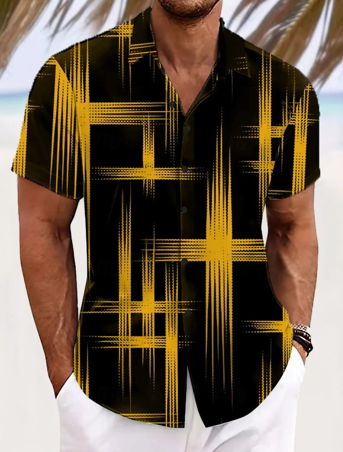 Summer Men's Geometric Grid  Plaid Shirts Short SleeveTurndown Hawaiian Shirt Button Up Shirts No Pockets Shirts