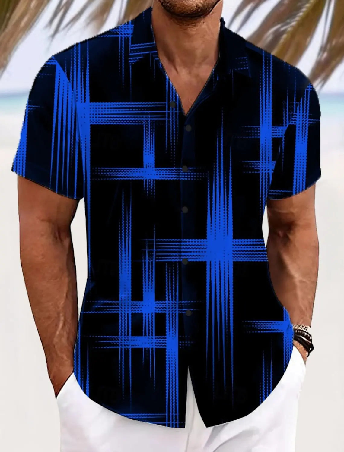 Summer Men's Geometric Grid  Plaid Shirts Short SleeveTurndown Hawaiian Shirt Button Up Shirts No Pockets Shirts