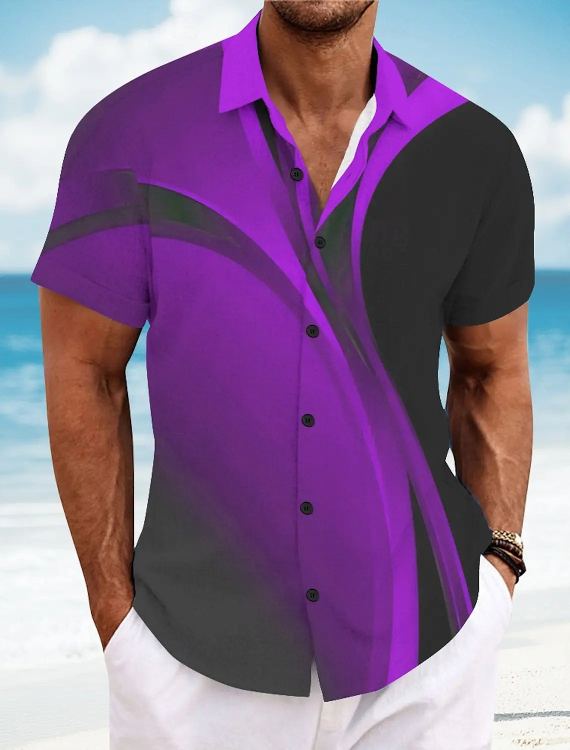 Summer Men's Geometric Grid  Plaid Shirts Short SleeveTurndown Hawaiian Shirt Button Up Shirts No Pockets Shirts