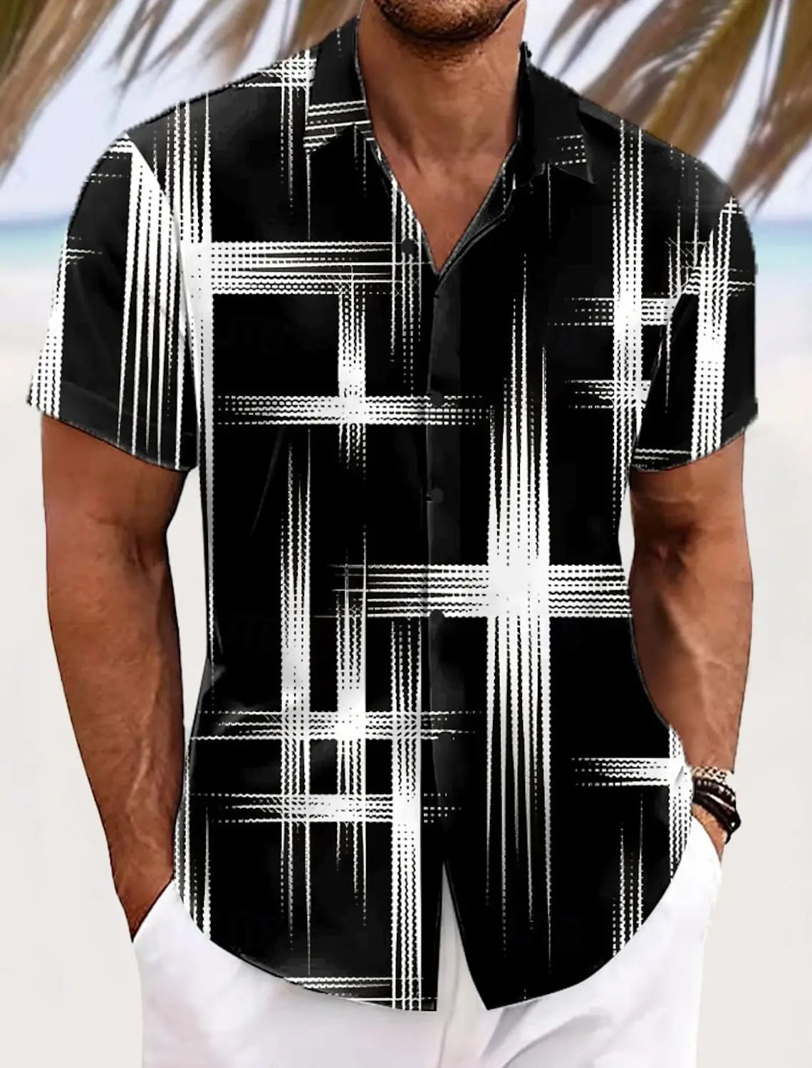 Summer Men's Geometric Grid  Plaid Shirts Short SleeveTurndown Hawaiian Shirt Button Up Shirts No Pockets Shirts