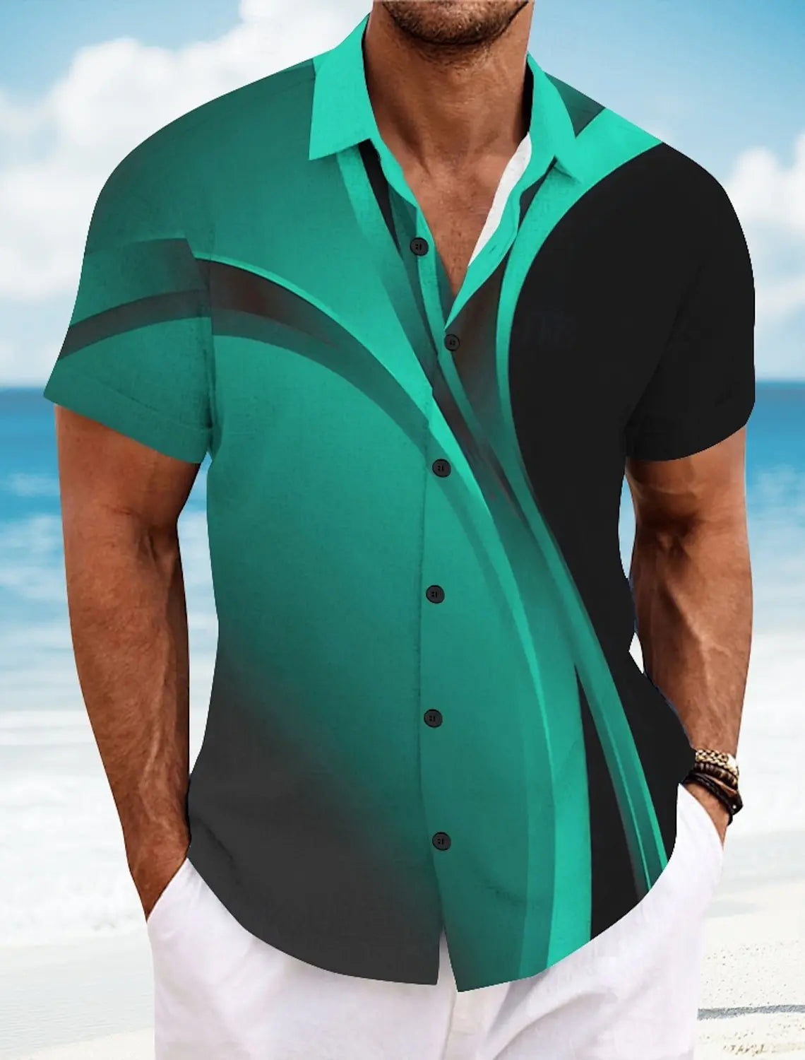 Summer Men's Geometric Grid  Plaid Shirts Short SleeveTurndown Hawaiian Shirt Button Up Shirts No Pockets Shirts