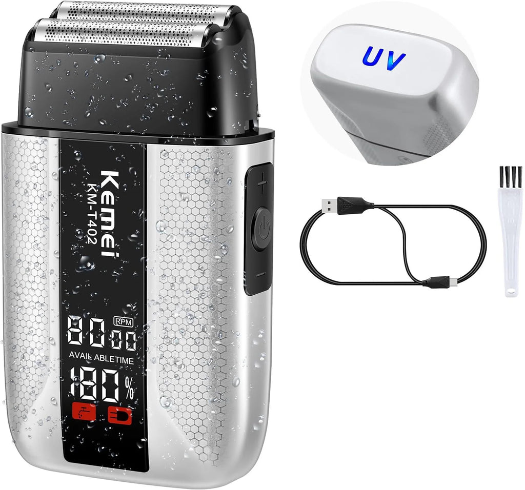 Kemei T402 Professional Barber Foil Shavers for Men Waterproof Electric Reciprocating Razor Shaving Bald Head UV Cover 3 Speeds