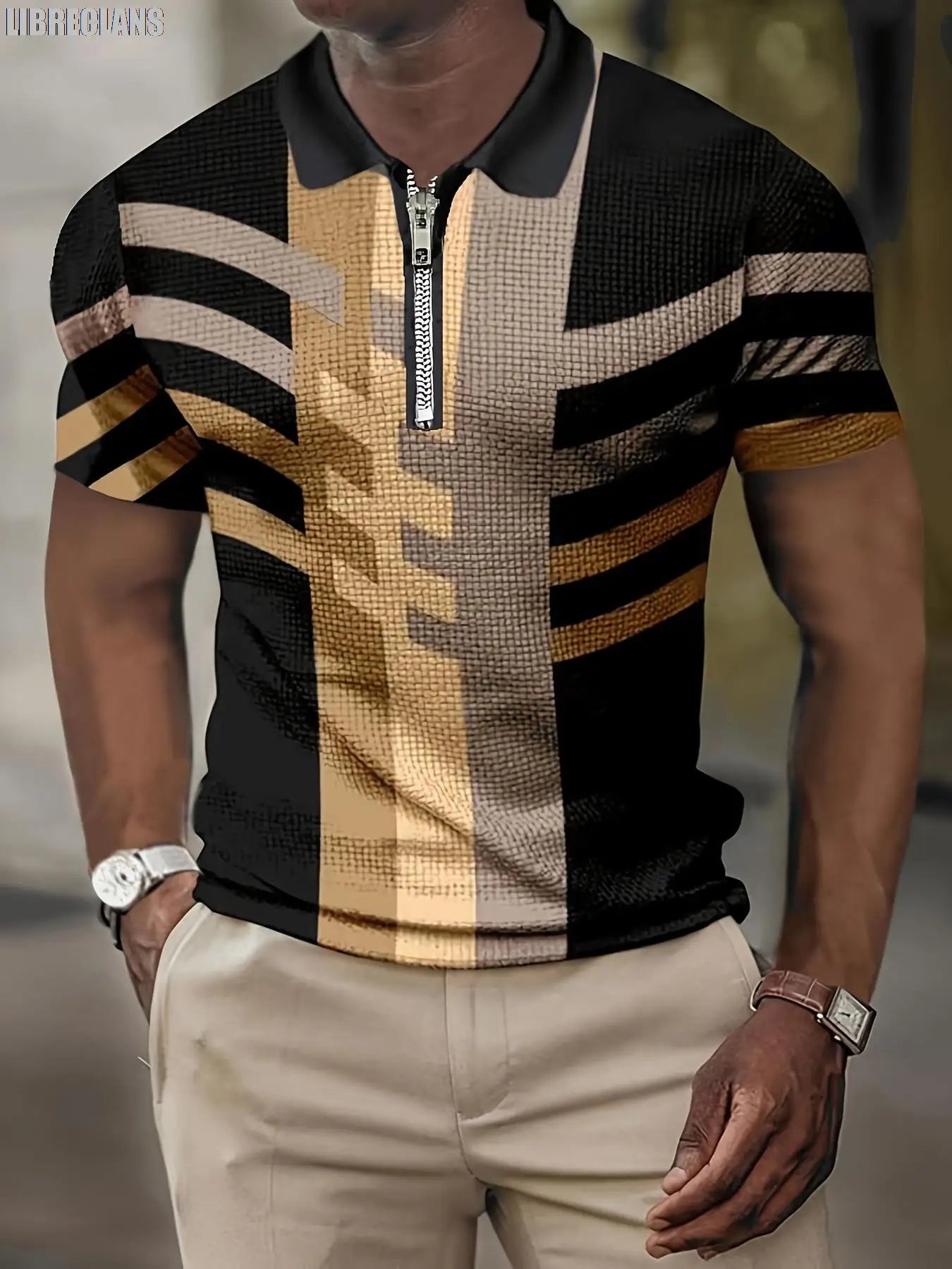 Men's Retro Striped Polo Shirt – Casual Short Sleeve Button-Up