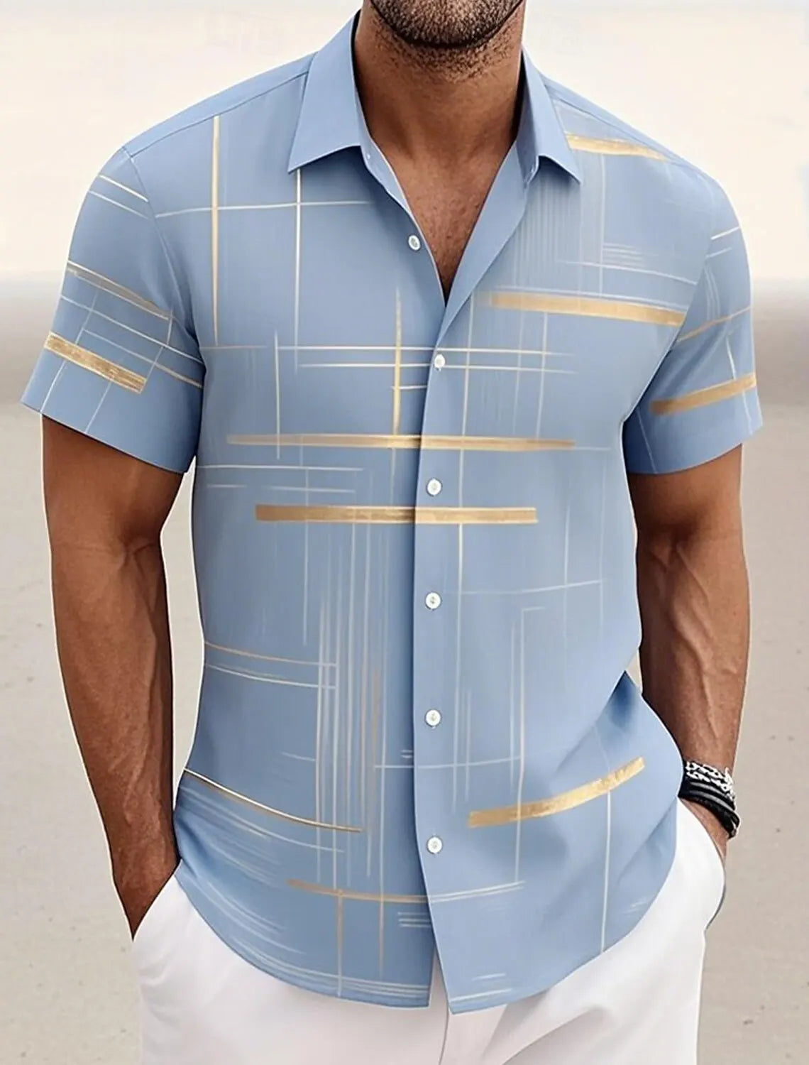 Summer Men's Geometric Grid  Plaid Shirts Short SleeveTurndown Hawaiian Shirt Button Up Shirts No Pockets Shirts