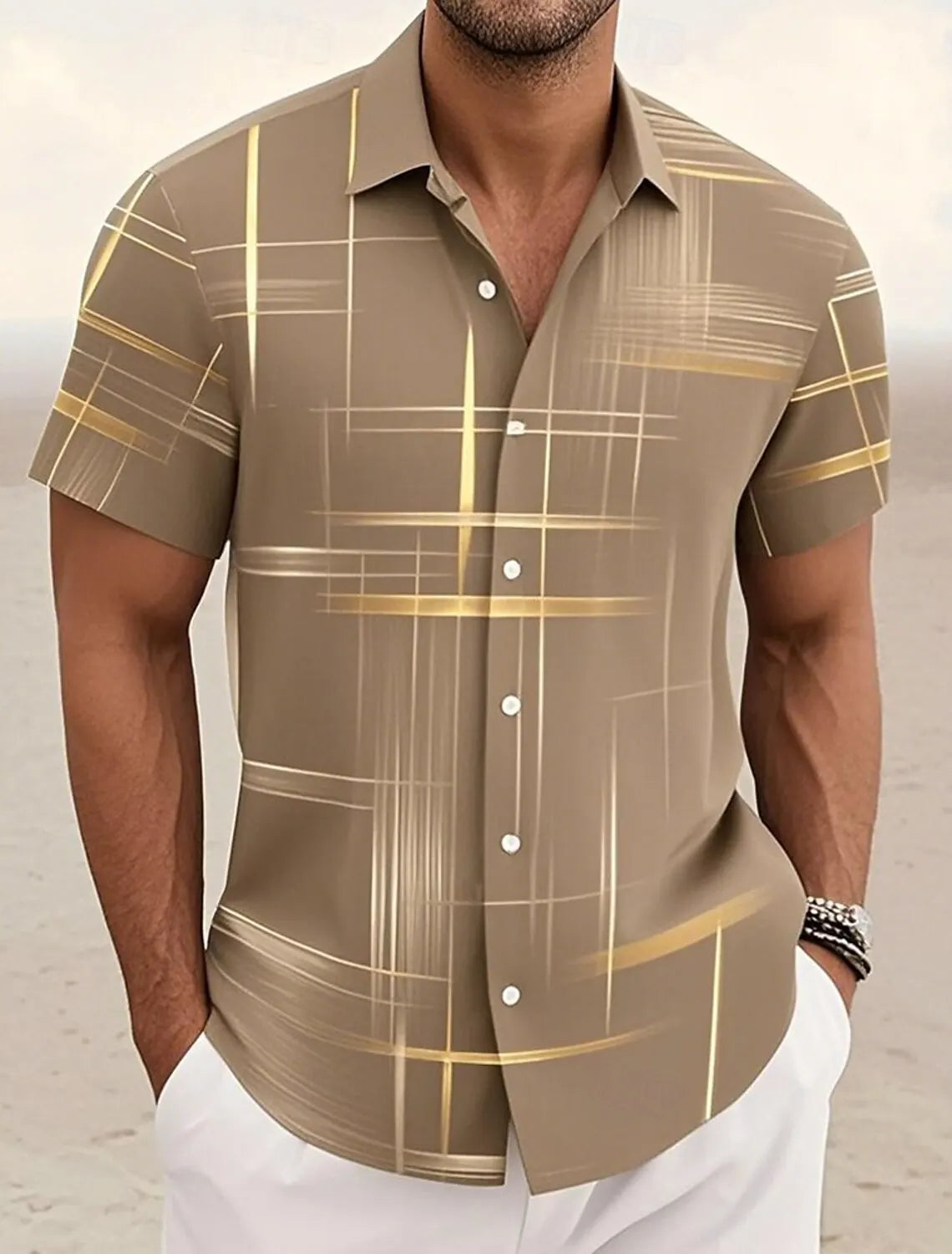 Summer Men's Geometric Grid  Plaid Shirts Short SleeveTurndown Hawaiian Shirt Button Up Shirts No Pockets Shirts