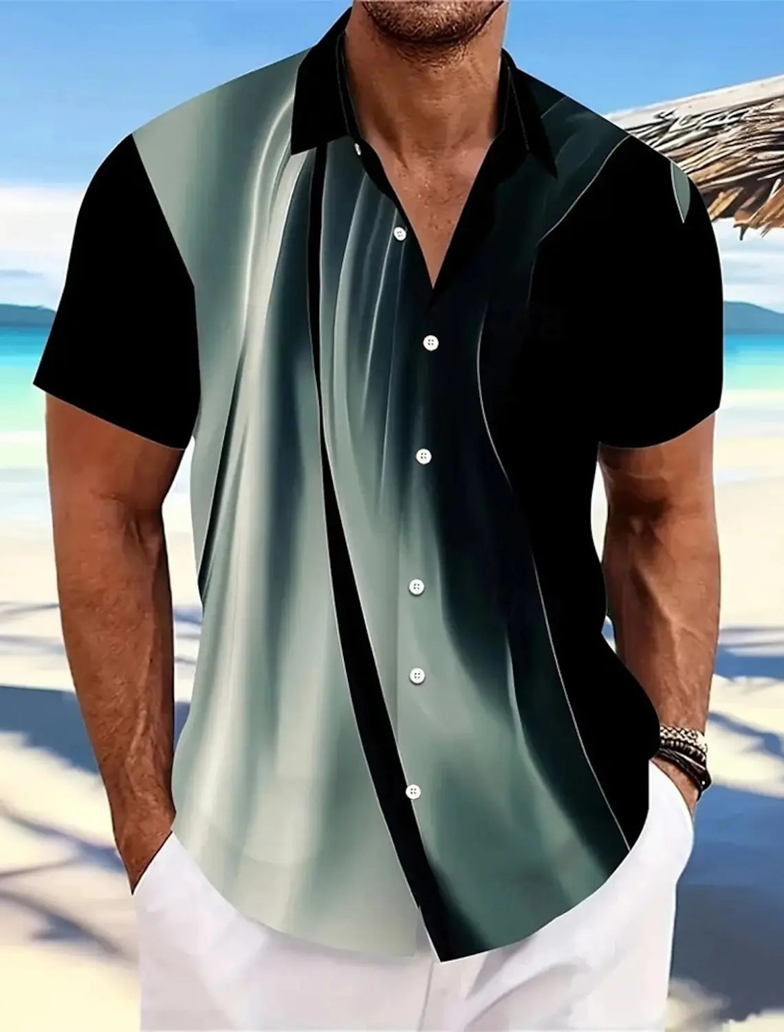 Summer Men's Geometric Grid  Plaid Shirts Short SleeveTurndown Hawaiian Shirt Button Up Shirts No Pockets Shirts