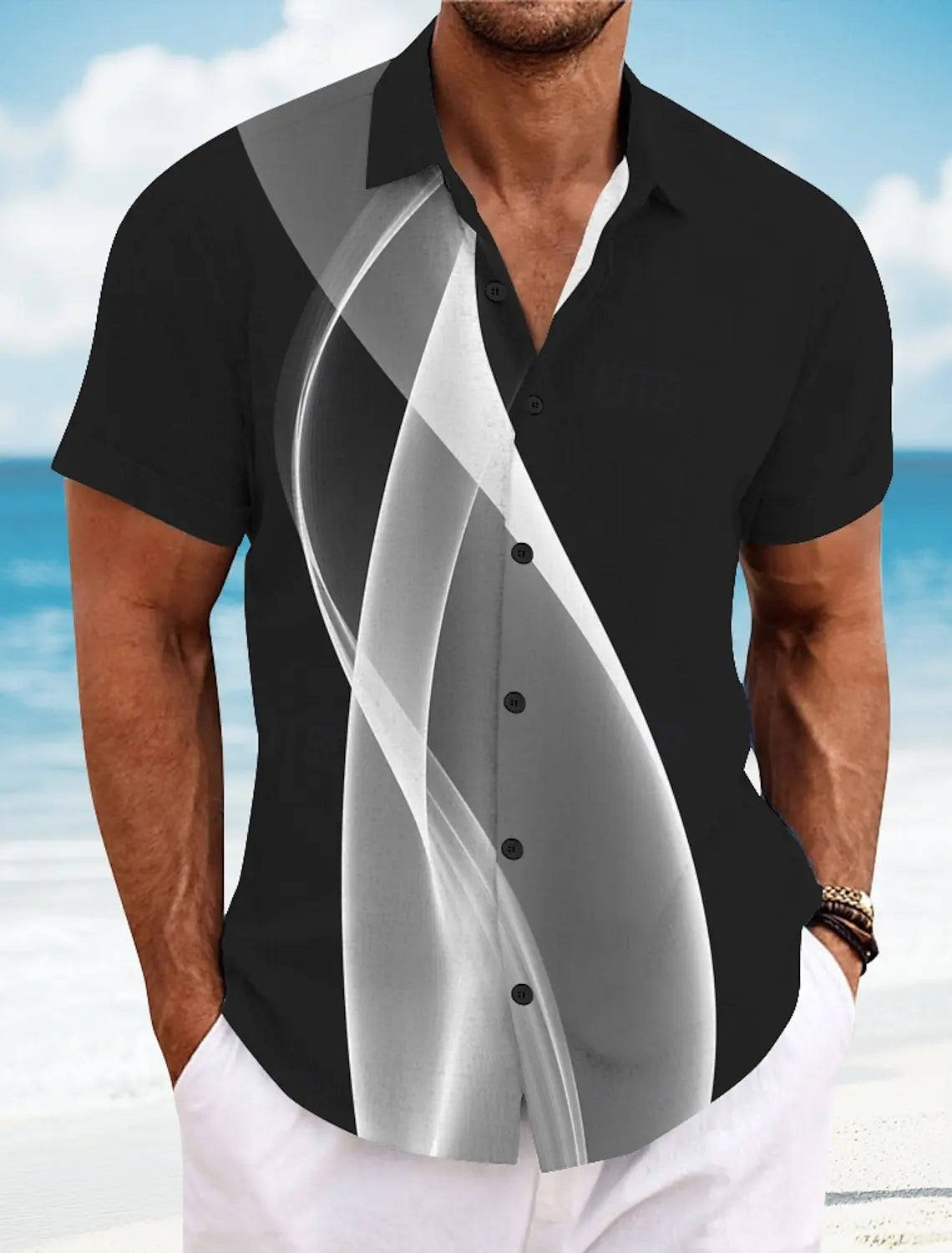 Summer Men's Geometric Grid  Plaid Shirts Short SleeveTurndown Hawaiian Shirt Button Up Shirts No Pockets Shirts