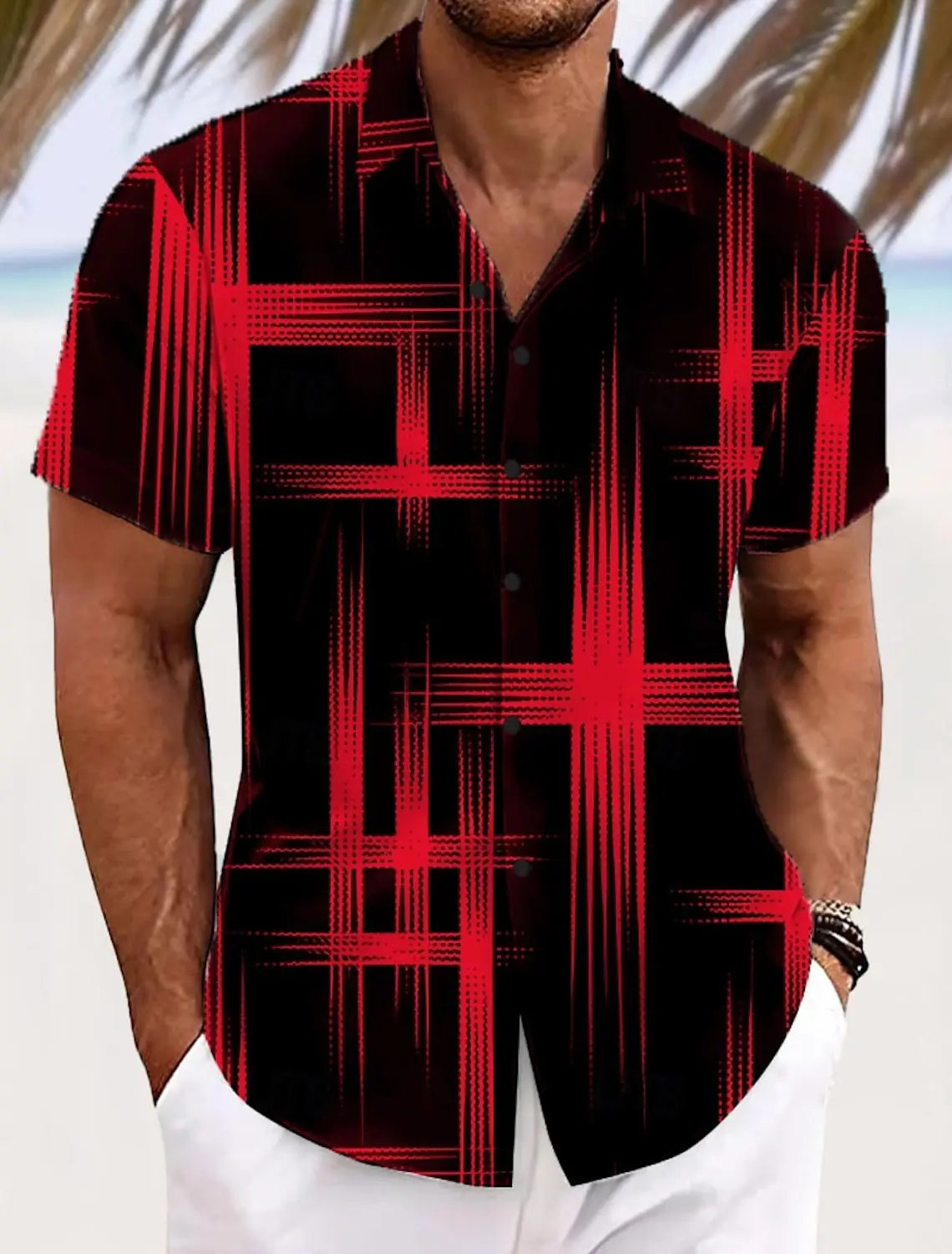 Summer Men's Geometric Grid  Plaid Shirts Short SleeveTurndown Hawaiian Shirt Button Up Shirts No Pockets Shirts