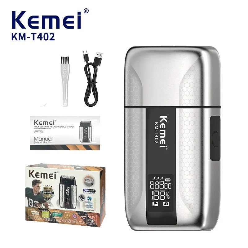 Kemei T402 Professional Barber Foil Shavers for Men Waterproof Electric Reciprocating Razor Shaving Bald Head UV Cover 3 Speeds