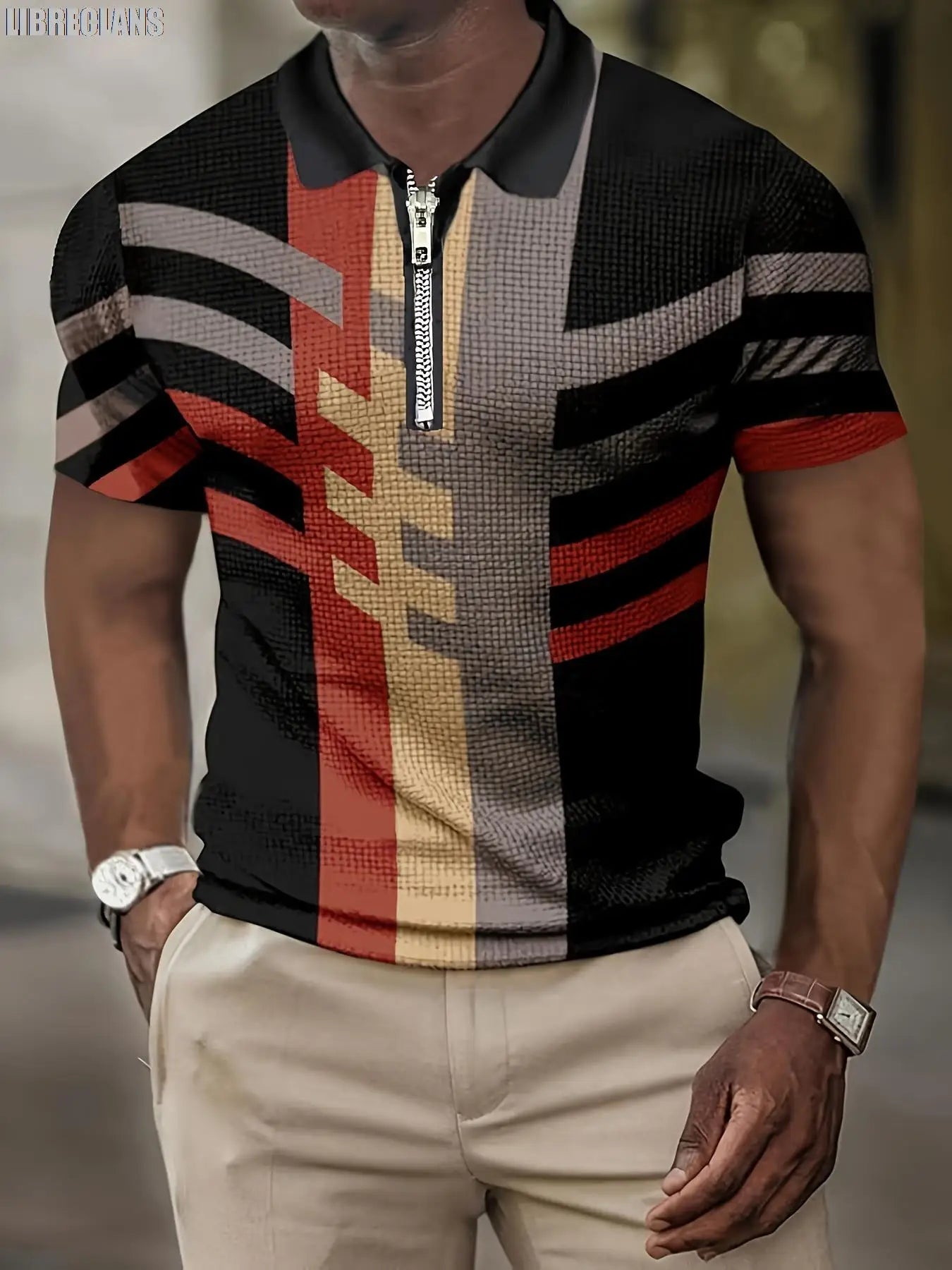 Men's Retro Striped Polo Shirt – Casual Short Sleeve Button-Up